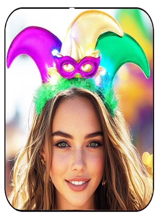 GORTIN Mardi Gras Jester Hat Headband Light Up Carnival Headpiece Purple Green and Gold Costume Hair Accessories for Women - Image 1